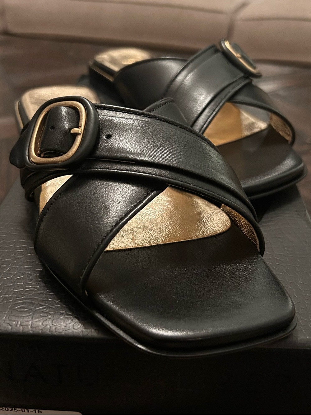 27 EDIT Black Leather Slide Mules with Gold Buckle